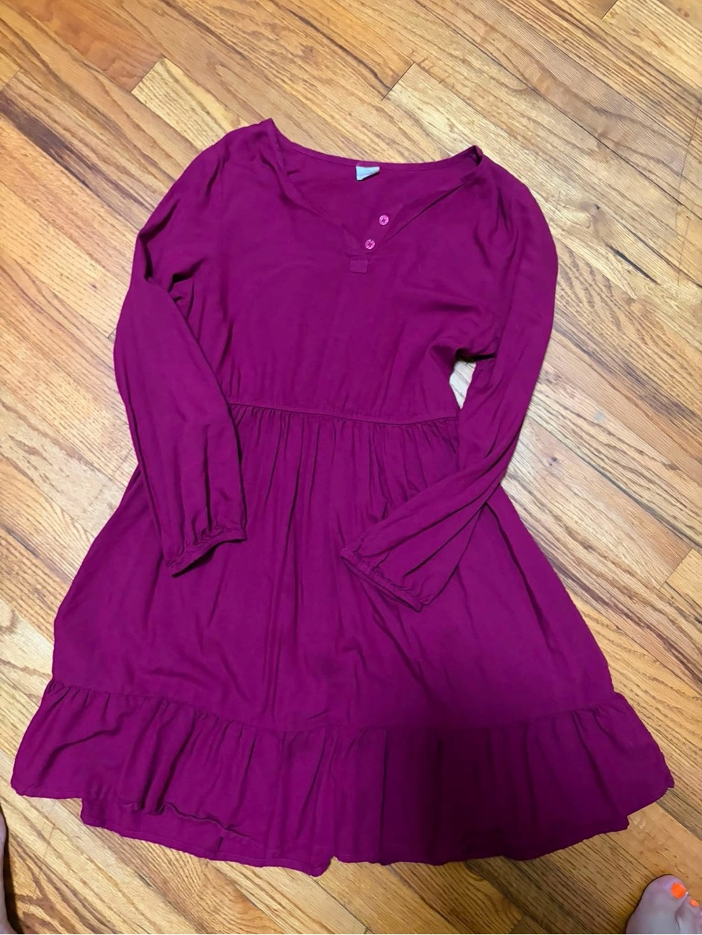 Girls' Magenta Long-Sleeve Ruffle Hem Dress